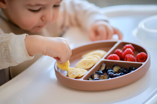 Toddler baby eats fruits and berries with his hand, table close-up. Child hands take food from a beige plate. Kid aged one year and two months