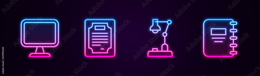 Poster set line computer monitor, certificate template, table lamp and notebook. glowing neon icon. vector