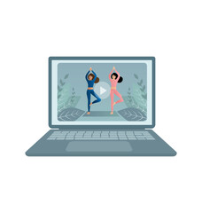 Woman doing yoga fitness exercises on laptop screen. Beautiful woman doing yoga at home from online class yoga. Vector illustration.