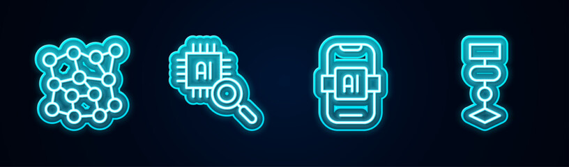 Set line Neural network, Processor CPU, Artificial intelligence AI and Algorithm. Glowing neon icon. Vector
