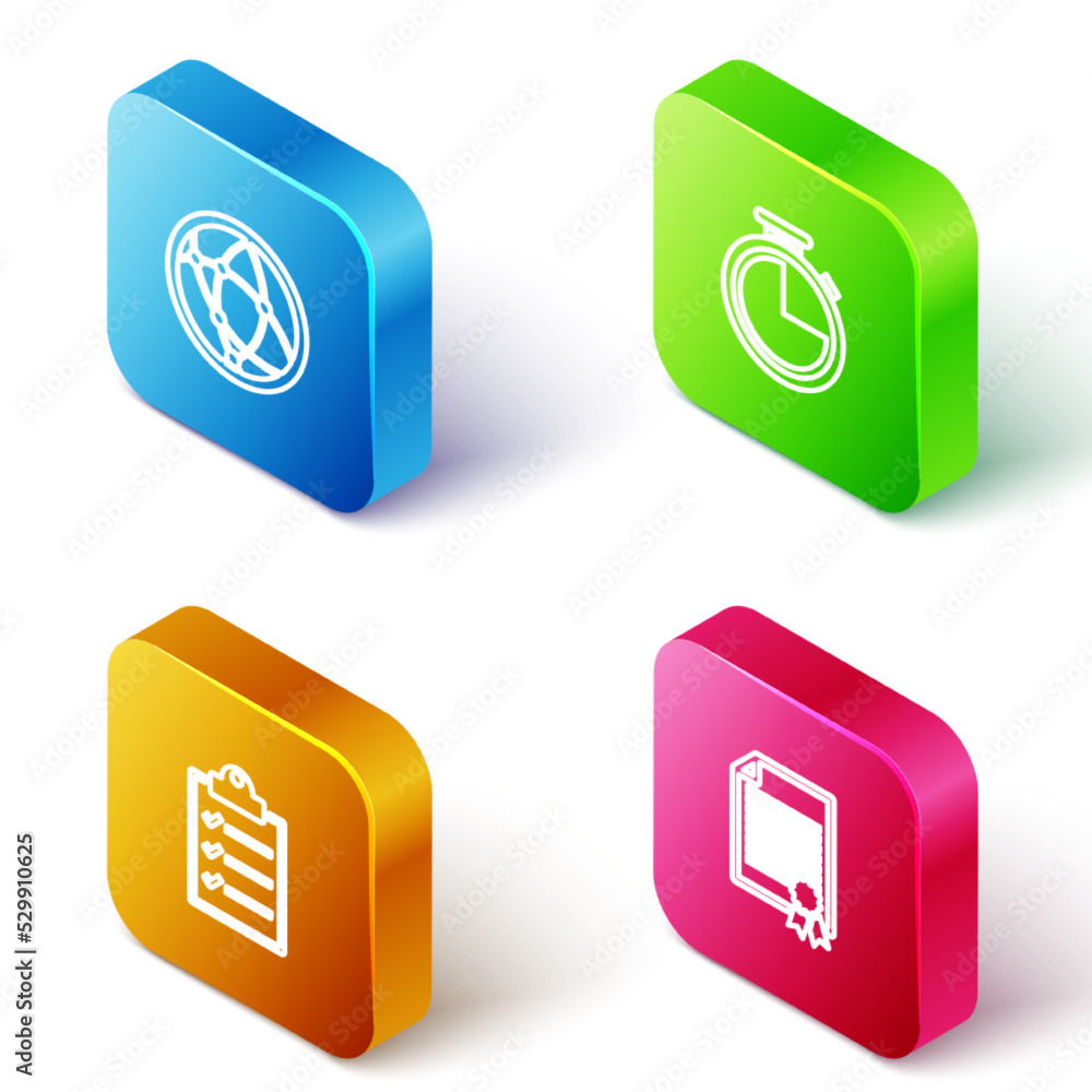 Poster set isometric line social network, stopwatch, clipboard with checklist and certificate template icon
