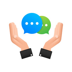 Chat Message Bubbles icon hanging over hands on white background. Vector stock illustration.