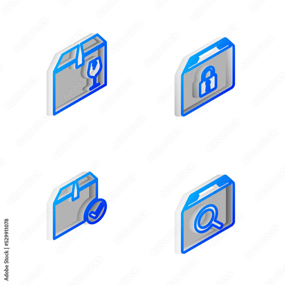 Poster Set Isometric line Locked package, Delivery box with fragile content, Package check mark and Search icon. Vector