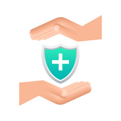 Obraz premium Health insurance. Hands holding insurance sign. Medical protection, medical insurance concepts. Flat design. Vector stock illustration.