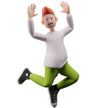PNG 3d render of a character jumping with 2 high-fives 