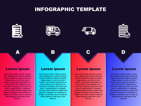 Set line Verification of delivery list, Free service, Delivery truck in movement and . Business infographic template. Vector