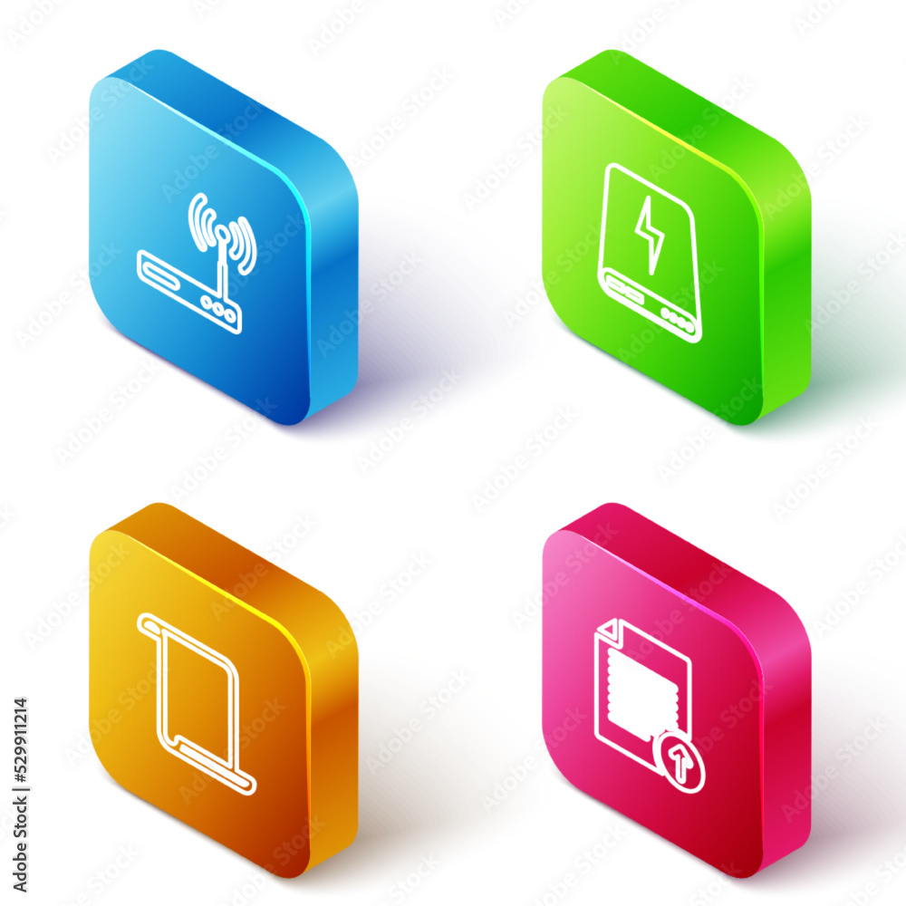 Poster set isometric line router and wi-fi, power bank, paper scroll and upload file icon. vector