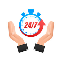 24-7 service concept with hands. 24-7 open. Support service icon. Vector stock illustration.