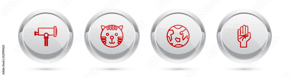 Sticker Set line Telescope, Tiger zodiac, Planet Earth and Palmistry of the hand. Silver circle button. Vector