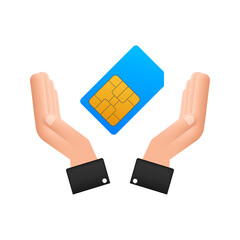 Vector Mobile Cellular Phone Sim Card in hands. Chip Isolated on white Background.