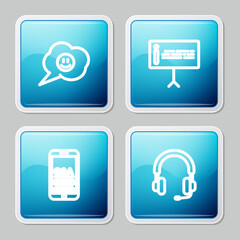 Set line Speech bubble with smile face, Information, Mobile Question and Exclamation and Headphones icon. Vector