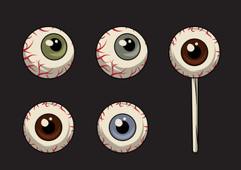 Halloween set of human eyeballs in vintage style. Single eyeballs and eye on stick like lollypop. Illustration for Halloween, Day of the Dead, Dia de los muertos.