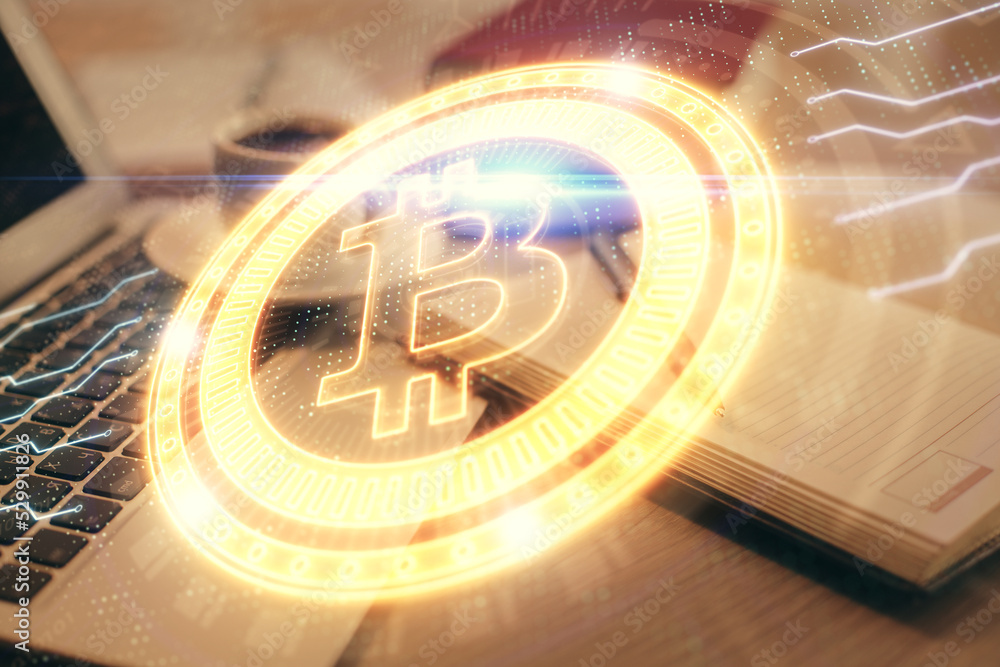 Aufkleber Double exposure of crypto technology drawing and desktop with coffee and items on table background. Concept of blockchain
