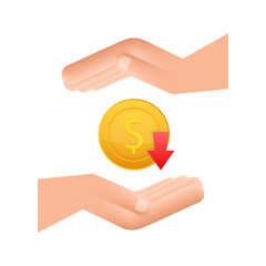 Up and Down Dollar Sign in hands on white background. Vector stock illustration.
