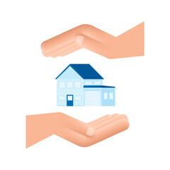 Businessmans hand holding a house. Home rental, property, real estate concept. Vector illustration. Technology concept.