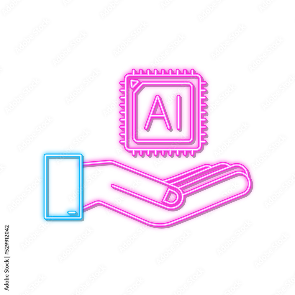 Aufkleber artificial intelligence landing page. ai neon icon with hands. website template for deep learning co