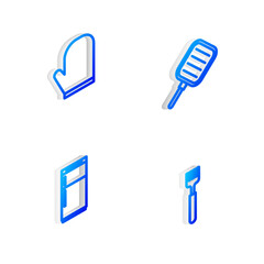 Set Isometric line Frying pan, Oven glove, Refrigerator and Fork icon. Vector