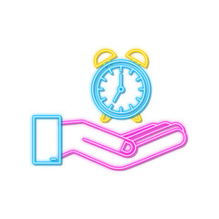 Alarm clock, wake-up time in hands on white background. Neon icon. Vector stock illustration.