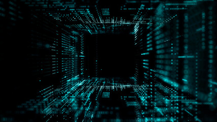 Big Data technology background. Microchip and computer parts. City of the future. 3d rendering