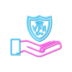 Secure VPN connection concept with hands. Hnads holding vpn neon sign. Virtual private network connectivity overview. Vector stock illustration.