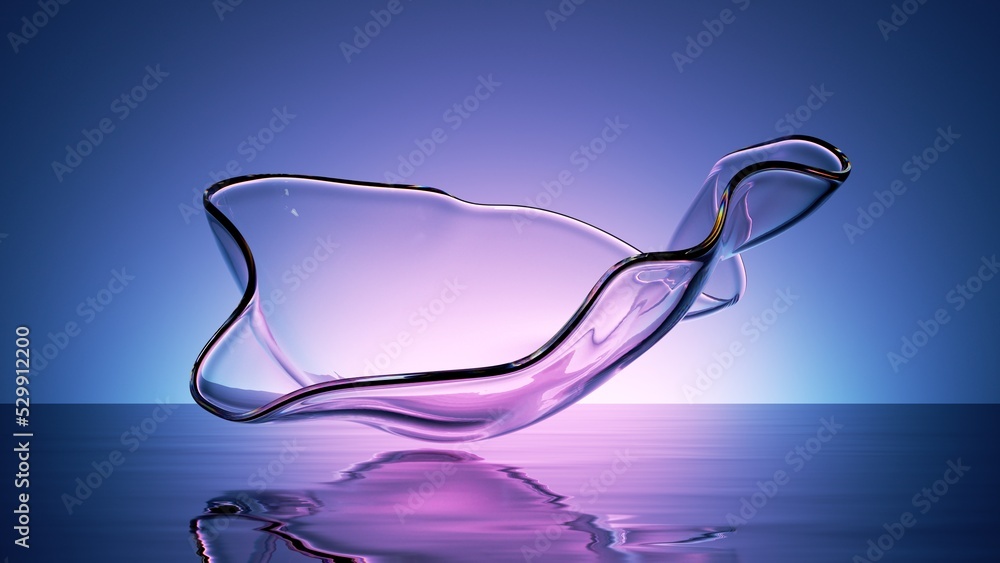 Poster 3d render, abstract background with clear glass shape and reflection on the water surface. simple mo