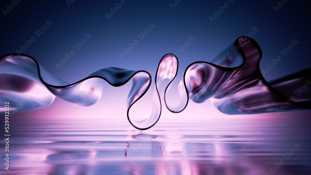 Poster 3d render, blue background with abstract shiny metallic shape and liquid surface. minimal wallpaper 