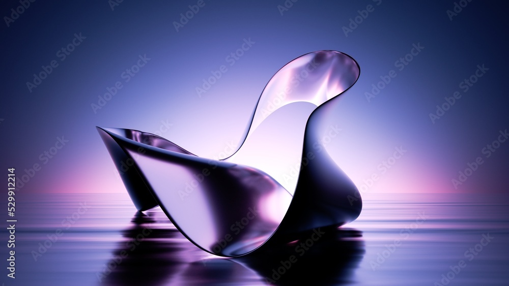 Poster 3d render, blue background with abstract shiny metallic shape and liquid surface. minimal wallpaper 