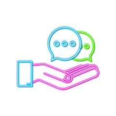 Chat Message Bubbles neon icon hanging over hands on white background. Vector stock illustration.