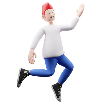 3d render of a boy jumping with a hand raised looking like he is asking for something from above