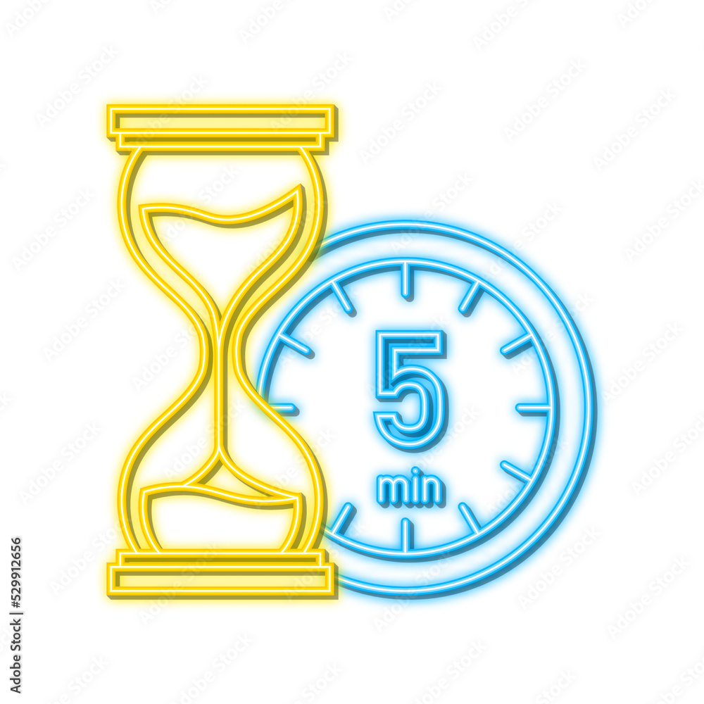 Poster the 5 minutes, stopwatch vector neon icon. stopwatch icon in flat style, timer on on color backgroun