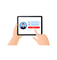 Log in tablet hands, great design for any purposes. Vector illustration flat design. Laptop screen. Phone icon vector. Cartoon button with log in tablet hands.
