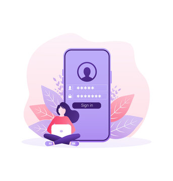 User login with character concept for any purpose. Vector line. Certificate icon design vector illustration. Computer screen. Mobile application design.