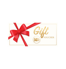 Greeting card. Vintage Coupon ticket card. ribbon banner with golden gift voucher on gold background for concept design. Vector design template. Gift voucher.