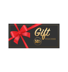 Greeting card. Vintage Coupon ticket card. ribbon banner with golden gift voucher on gold background for concept design. Vector design template. Gift voucher.