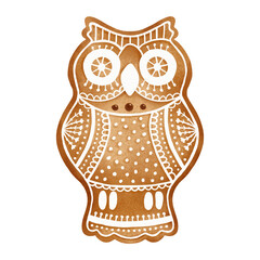 Gingerbread owl. Watercolor Christmas illustration. New Year holiday decor. Winter traditional cookie with ornament. Isolated on white background.