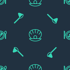 Set line Shell with pearl, Caviar on spoon and Served fish plate on seamless pattern. Vector