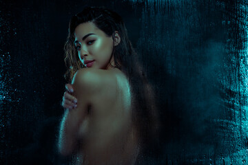 Photo of gentle lady have douche enjoy soft flawless skincare conditioner isolated on black wet color background