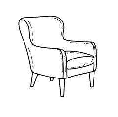 Hand-drawn upholstered chair in doodle style, sketch in black and white. An element of the interior.