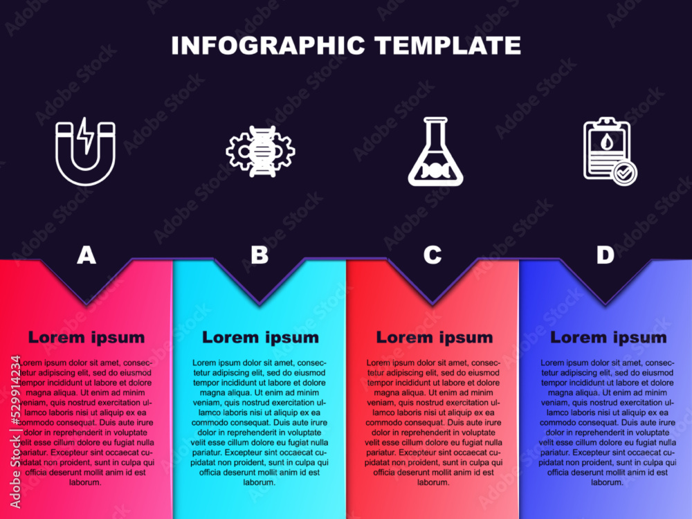 Poster Set line Magnet with lightning, Gene editing, DNA research, search and Clipboard blood test. Business infographic template. Vector