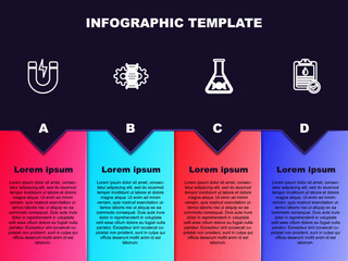 Set line Magnet with lightning, Gene editing, DNA research, search and Clipboard blood test. Business infographic template. Vector