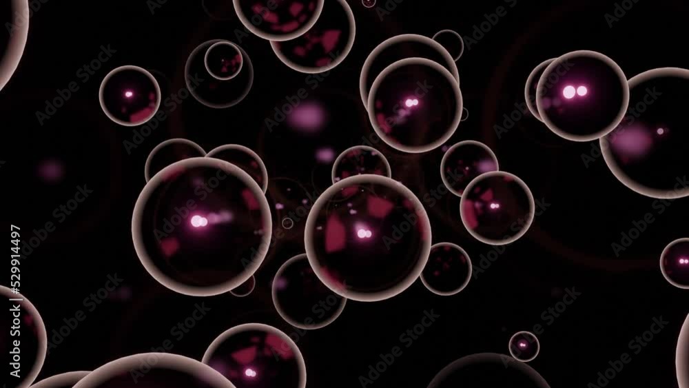 Poster 3d bubbles move in stream. design. large soap bubbles move in stream on black background. colored bu