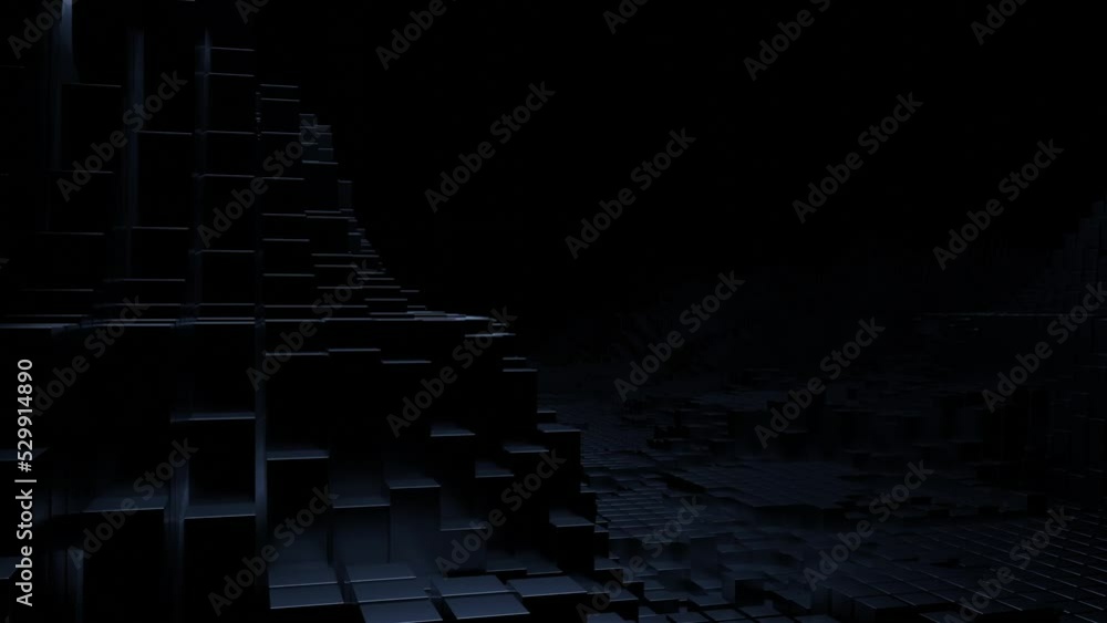Poster black background. design.dark large buildings made of gray bricks in abstraction that fly in differe