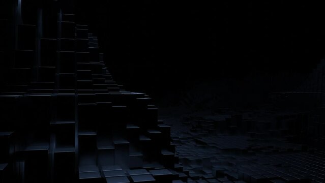 Black background. Design.Dark large buildings made of gray bricks in abstraction that fly in different directions.