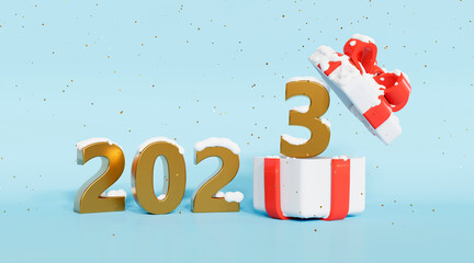 Happy new year 2023 poster on light blue. Number 3 popping out from a gift box. Greetings card or Christmas themed invitations. 3d rendering illustration.