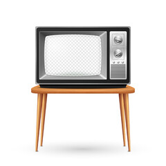 Vector 3d Realistic Retro TV Receiver on a Wooden Table Stand Closeup Isolated on White. Vintage TV Set with Transparent Screen. Television, Front View