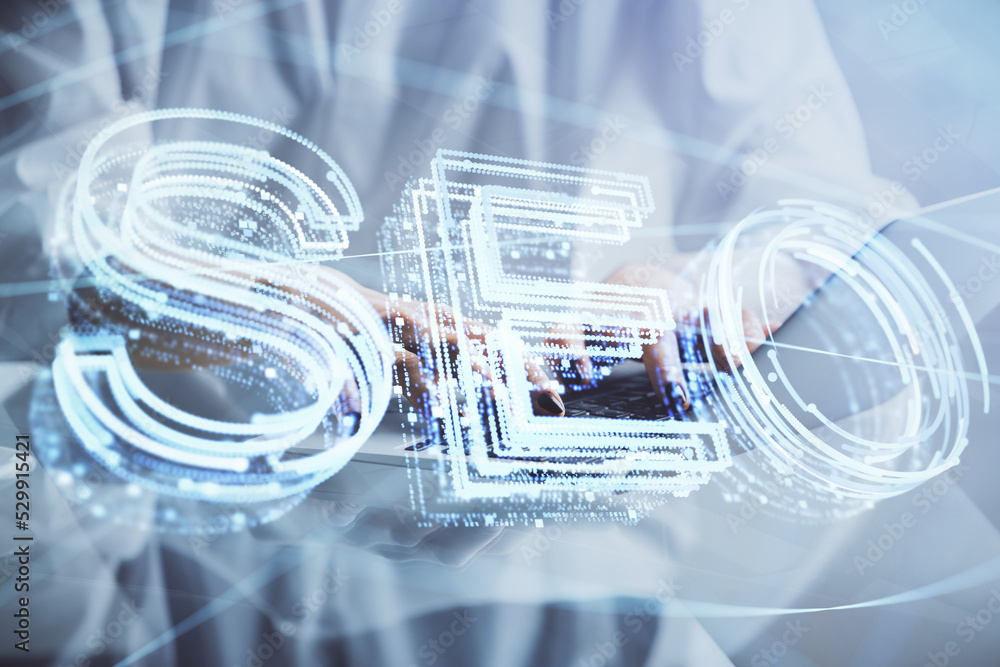 Poster double exposure of woman hands working on computer and seo hologram drawing. internet search concept