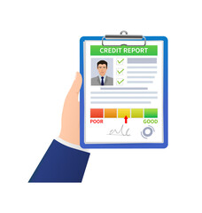 Credit report with hand. Business card. Online concept. Financial chart. Online concept.