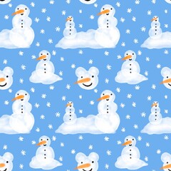 Winter seamless watercolor snowman and snowflakes pattern for Christmas wrapping paper and kids notebooks