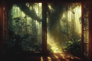 Fototapeta na wymiar A large arch-shaped window, a portal in the Dark Mystical Forest, the sun's rays pass through the window and trees, shadows. Fantasy beautiful forest fantasy landscape. 3D illustration. 