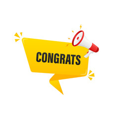 Congrats concept. Badge with megaphone icon. Flat vector illustration on white background.